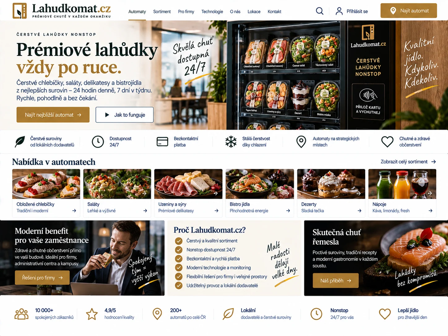 Ilustrační návrh webu Lahudkomat.cz v tmavě zelené a zlaté s chlazeným automatem plným občerstvení